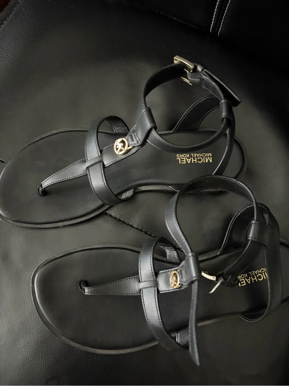 Michael Kors Black Leather T-Strap Sandals with Gold Logo